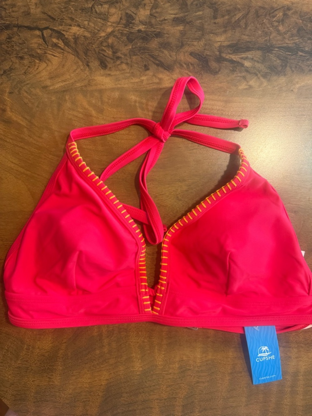 Cupshe Bright Pink Bikini Top with Yellow Stitching